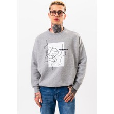 Erkek Oversize Gri Sweatshirt Pamuklu Baskı Detaylı