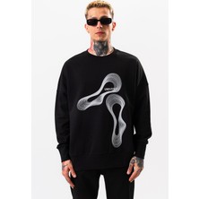 Erkek Siyah Oversize Sweatshirt Pamuklu Baskı Detaylı
