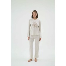 Kadın Bej Melanj Uzun Kollu Bisiklet Yaka Baskılı Pijama Takımı C0T2N271