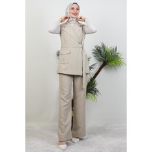 Tek Cepli Kruvaze Yaka Takım Bej