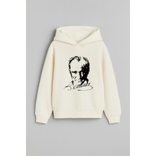 29 Ekim Cumhuriyet Bayramı Atatürk Baskılı Ekru Kapşonlu Çocuk Yetişkin Sweatshirt Hoodie