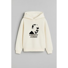 29 Ekim Cumhuriyet Bayramı Atatürk Baskılı Ekru Kapşonlu Çocuk Yetişkin Sweatshirt Hoodie