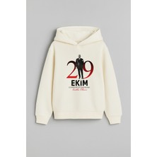29 Ekim Cumhuriyet Bayramı Atatürk Baskılı Ekru Kapşonlu Çocuk Yetişkin Sweatshirt Hoodie