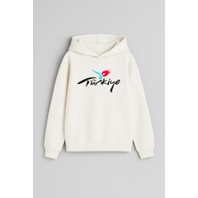 Türkiye Yazı Baskılı Ekru Kız Erkek Çocuk Kapüşonlu Sweatshirt