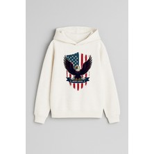 Kartal Baskılı Ekru Kız Erkek Çocuk Kapüşonlu Sweatshirt