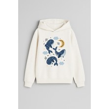 Balina Yunus Baskılı Ekru Kız Erkek Çocuk Kapüşonlu Sweatshirt
