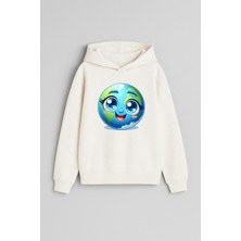 Mavi Dünya Baskılı Ekru Kız Erkek Çocuk Kapüşonlu Sweatshirt
