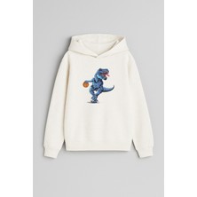 Dinozor Baskılı Ekru Kız Erkek Çocuk Kapüşonlu Sweatshirt