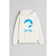 Türk Bozkurt Baskılı Ekru Kız Erkek Çocuk Kapüşonlu Sweatshirt
