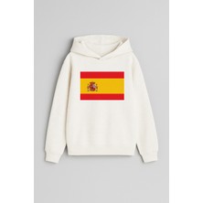 Ispanya Bayrağı Baskılı Ekru Kız Erkek Çocuk Kapüşonlu Sweatshirt