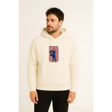 Futbolcu Messi Baskılı Erkek Ekru Kapüşonlu Sweatshirt Hoodie