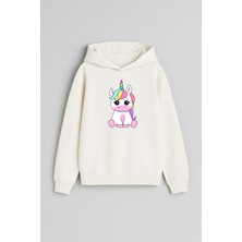 Unicorn Tek Boynuzlu At Baskılı Ekru Kız Erkek Çocuk Kapüşonlu Sweatshirt