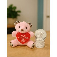Sevgiliye Eşe Özel Günlere Hediye Sevimli Mini Peluş Ayıcık ve Mini Melek Kar Küresi Set Pembe