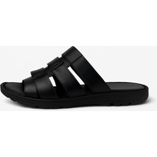 Growish GR0214 Hakiki Deri Kaydırmaz Taban Yumuşak Kayış 3 Bant Siyah Erkek Sandalet