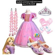 Rapunzel Kostüm Elbise Rapunzel Pembe Bubble Saç-Taç-Eldiven Mor Babet Set Doğum Günü Parti