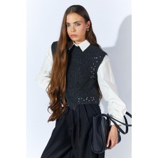 Kadın Antrasit Bisiklet Yaka Desenli Triko Süveter