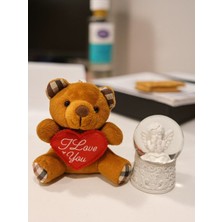 Sevgiliye Eşe Özel Günlere Hediye Sevimli Mini Peluş Ayıcık ve Mini Melek Kar Küresi Set Kahverengi