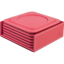 Bardak Altlığı,6’lı Set,masaüstü Yuvarlak Cup Coaster,vegan Suni DERI,11X11 Cm.,fuşya