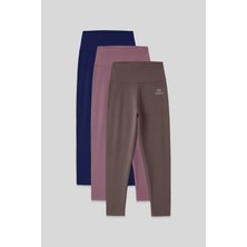 Slim Fit 3lü Paket Indigo-Gül Kurusu-Kahverengi Kadın Kapri Tayt - 93097