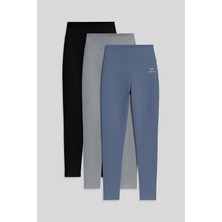 Slim Fit 3lü Paket Siyah-Gri Melanj-Petrol Kadın Tayt - 94011