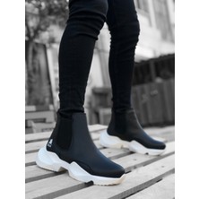 ET0444 Bağcıksız Rahat Yüksek Taban Siyah Beyaz Taban Erkek Spor Yarım Bilek Bot