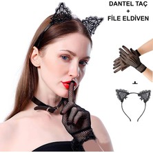 Siyah Kedi Dantel Taç + Eldiven Seti – Parti, Dans ve Kostüm Kombini - Lisinya