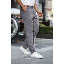 Erkek Slim Fit Düz Paça Füme Çizgili Pantolon