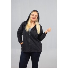 Büyük Beden 2 Iplik Pamuk Yıkamalı Siyah Kapşonlu Sweat