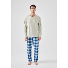 Erkek Pamuklu Uzun Kollu Yamalı Ekose Desenli Pijama Takımı