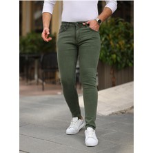 Erkek Jeans Slim Likralı Denim Haki Kot Pantolon