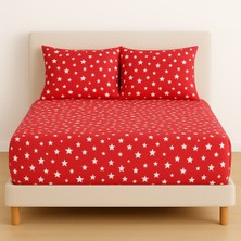 Desenli 180 x 200 cm Battal Boy Kırmızı Yıldız Lastikli Çarşaf ve 2 Adet Yastık Kılıfı