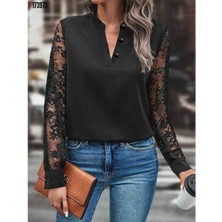 Kadın Uzun Kollu Yaka Düğme Detay Güpürlü Kol Krep Bluz, Kırmızı Gül Figürlü Kolye Hediye