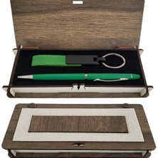 Ahşap Kutulu Yeşil Anahtarlık ve Kalem Set