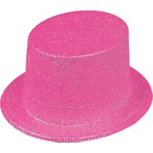 Floresan Pembe Renk Simli Uzun Fötr Melon Şapka 12 cm