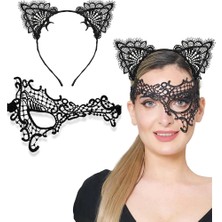 Siyah Renk Dantel Maske ve Dantel Kulak Taç Seti Yetişkin No 13