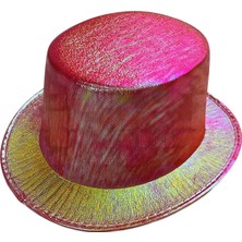Kırmızı Renk Işıltılı Hologram Kumaş Kaplama Fötr Silindir Şapka Yetişkin Boy