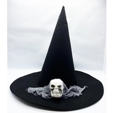 Siyah Renk Gri Duvaklı Kuru Kafa Temalı Cadı Şapkası 35X38 cm