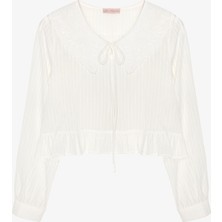 Brode Yaka Bağcıklı Bluz Ekru