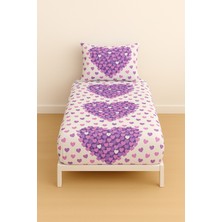 Desenli Tek Kişilik Mor Kalp 90 x 200 cm Lastikli Çarşaf ve Yastık Kılıfı