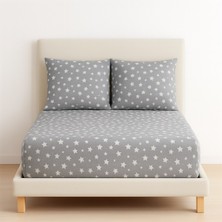 Desenli 180 x 200 cm Battal Boy Gri Yıldız Lastikli Çarşaf ve 2 Adet Yastık Kılıfı