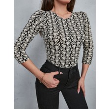 Tua Moda Kadın Baskılı Bisiklet Yaka Bluz