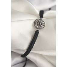 Pirinç Füme Renk Zirkon Taşlı Nazar Boncuk Işleme Makrome Asansörlü Model Kadın Bileklik - Lisinya