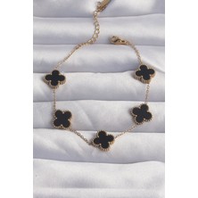 316L Çelik Gold Renk Siyah Mineli Yonca Bileklik - Lisinya