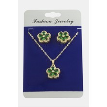 Sepetim Çiçek Zirkon Taşlı Set Kolye-Gümüş Rengi