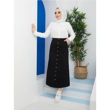 Boydan Düğmeli Gabardin Etek Siyah-