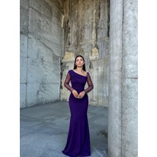 Moda Feminen Kadın Esnek Krep Kumaş Kolları Tül ve Taş Detaylı Önü Drapeli Maxi Boy Balık Abiye Elbise Mor 583118