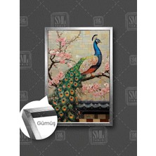 Yeşil Kuyruklu Tavus Kuşu Tavuskuşu Pembe Japon Çiçekleri Çerçeveli Dikey Kanvas Tablo