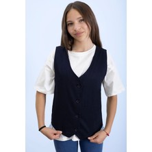 Lacivert Keten Düğmeli Yelekli Oversize Tişörtlü Kız Çocuk 2li Takım 21007