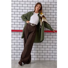 Pile Detaylı Palazzo Pantolon Acı Kahve