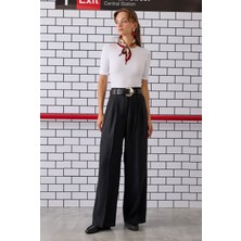 Pile Detaylı Palazzo Pantolon Siyah